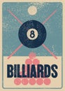 Billiards typographical vintage grunge style poster design. Retro vector illustration. Royalty Free Stock Photo